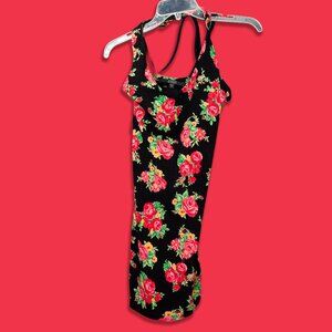 Guess Black And Red Floral Strappy Back Bodycon Minidress